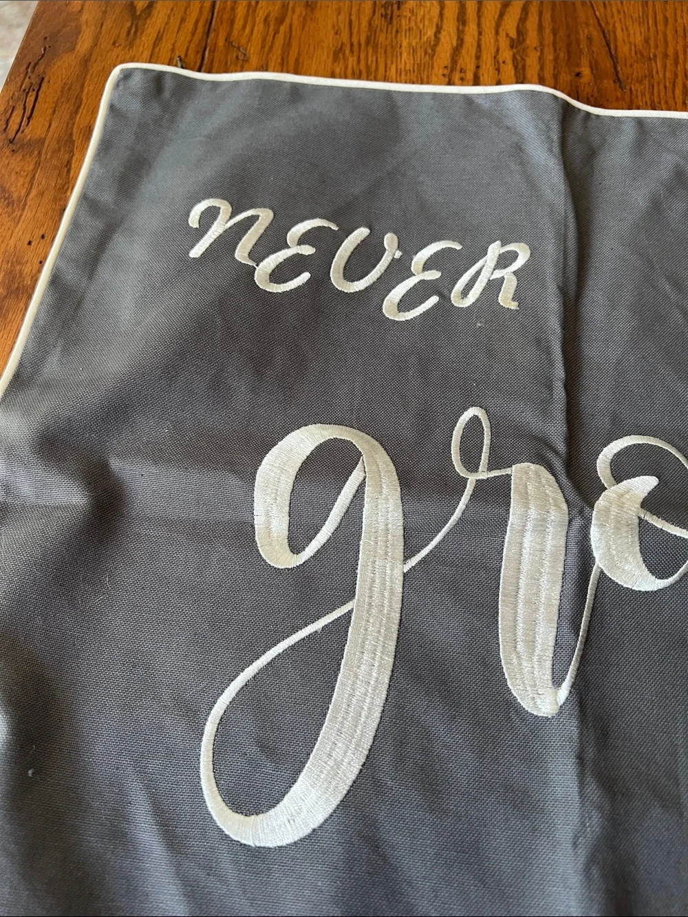 Embroidered Gray Decorative Pillow Cover with Script 